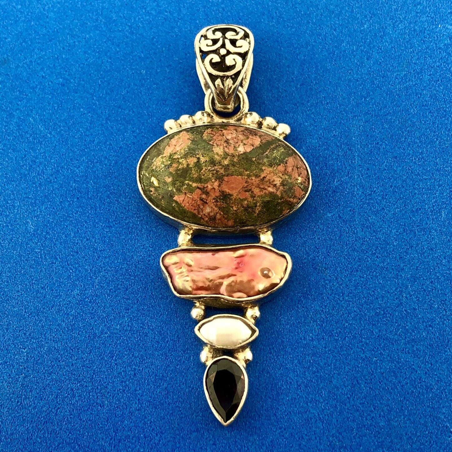Sterling Silver 925 Unakite Mother Of Pearl Garnet Pearl Statement Pendant