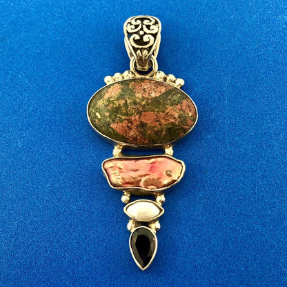 Sterling Silver 925 Unakite Mother Of Pearl Garnet Pearl Statement Pendant