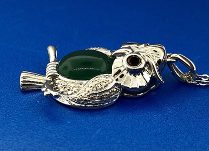 Designer Sterling Silver Green Onyx Garnet Textured Plump Owl Fashion Necklace