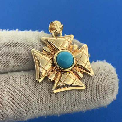 Designer Italy Sterling Silver Vermeil Gold Tone Turquoise Maltese Cross Pendant