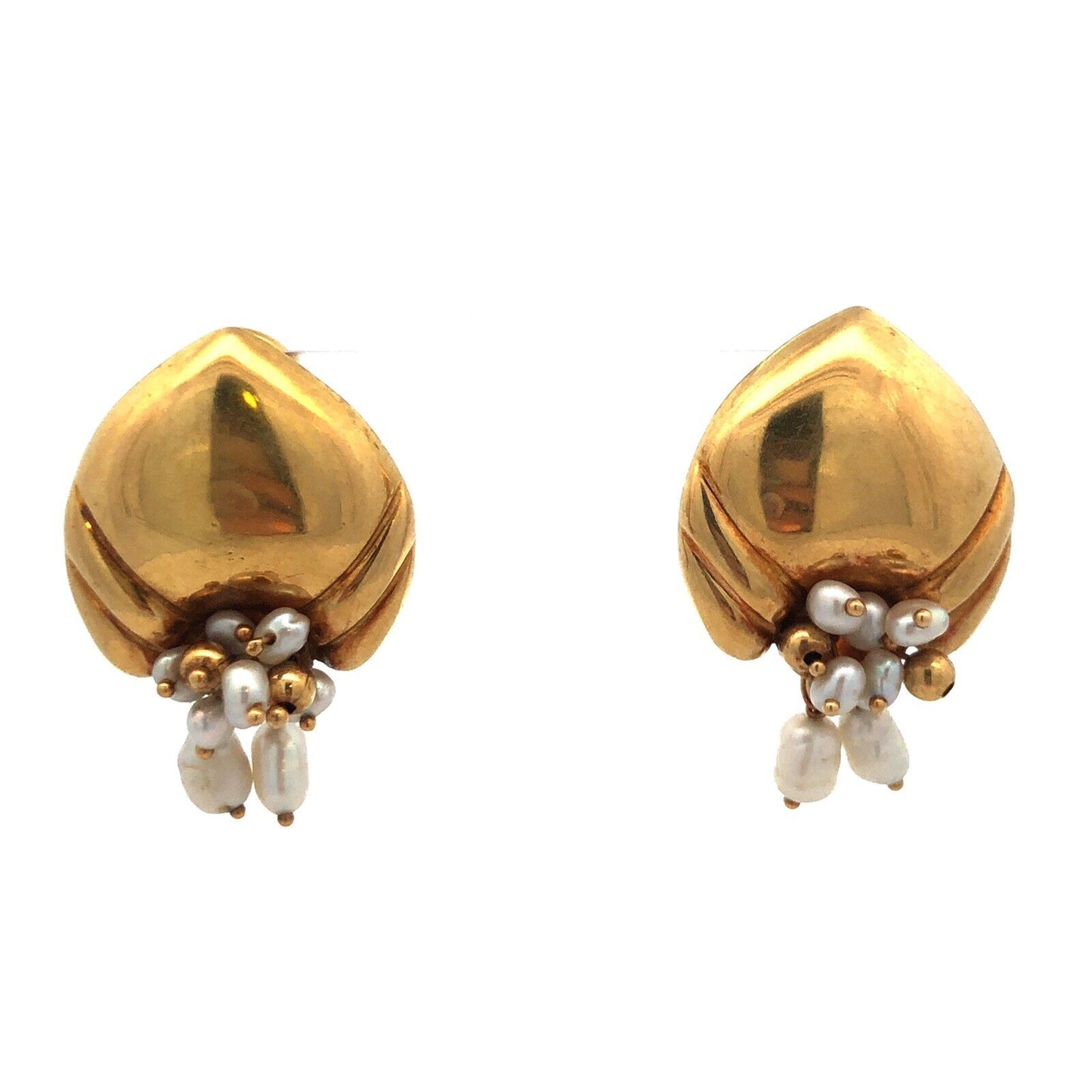 Vintage 18k Yellow Gold White Pearl Cluster Heart Shell Leverback Earrings