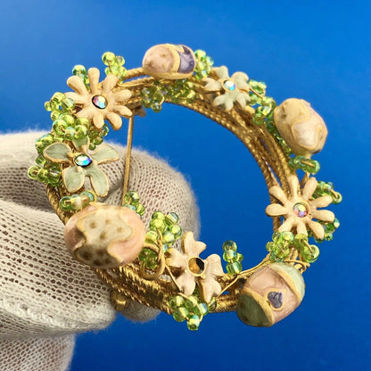 Gorgeous Gold Toned Rhinestone Glass Spring Easter Floral Wreath Pin Brooch