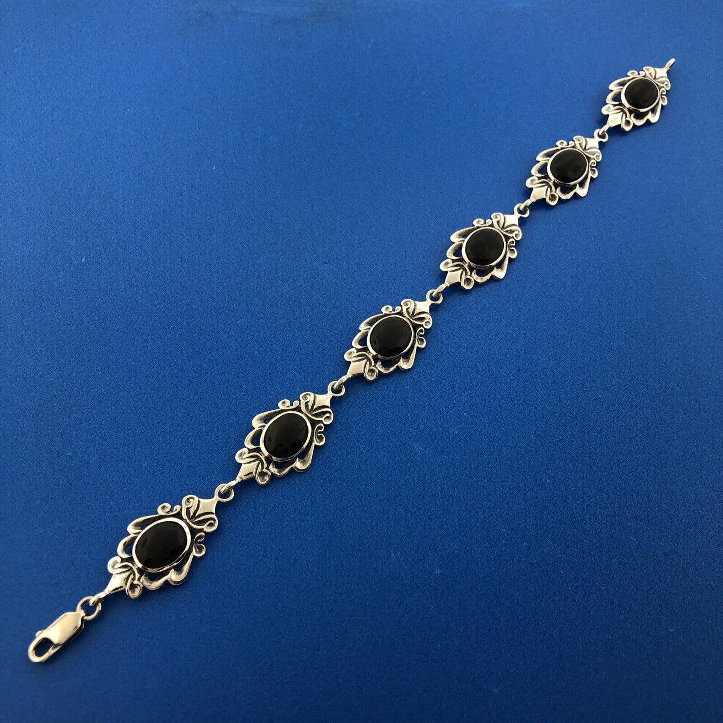 Estate Designer Sterling Silver 925 Black Onyx Scroll Panel Link Bracelet