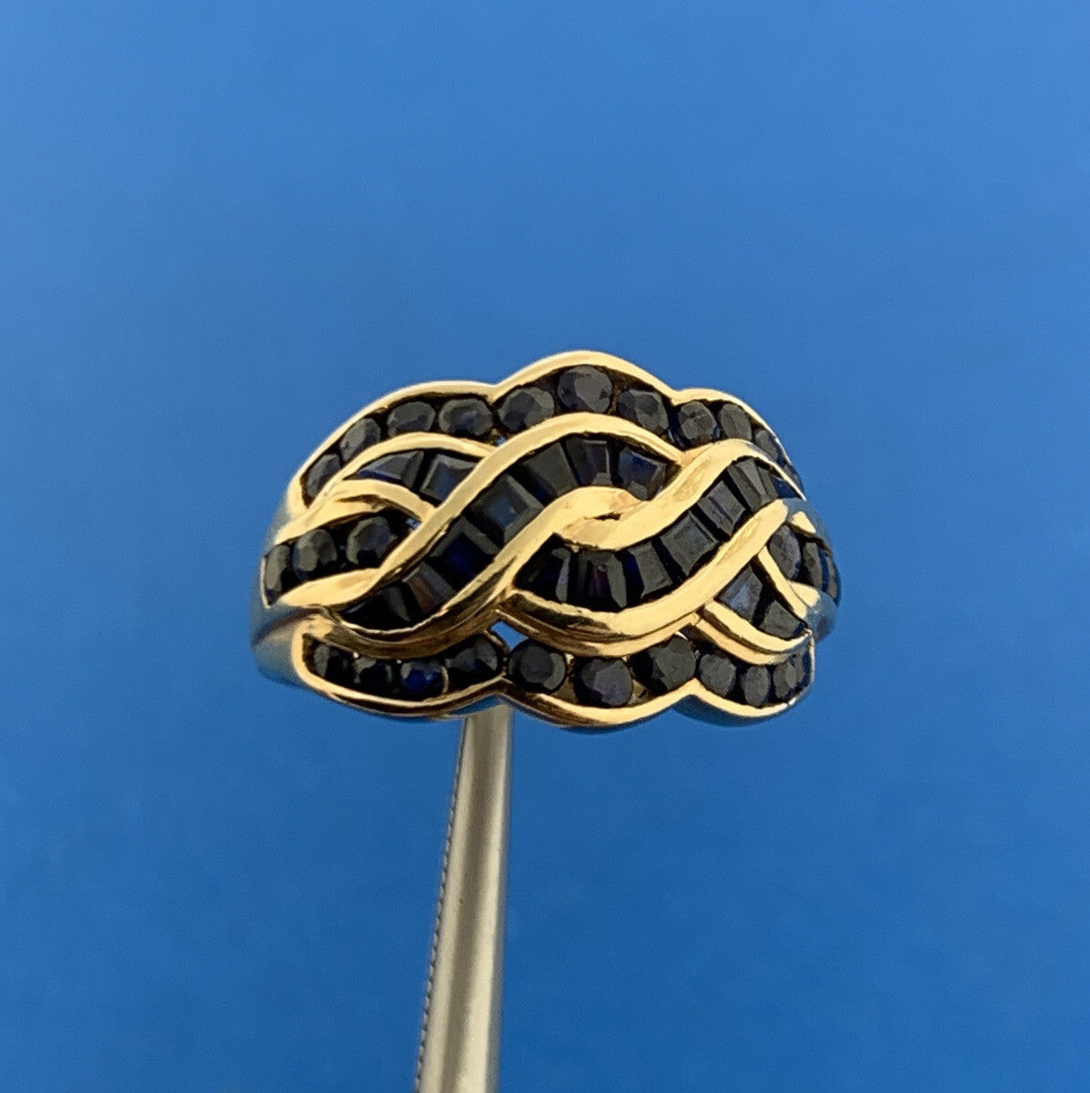 Retro Designer 10K Yellow Gold Sapphire Wave Channel Tapered Dome Cocktail Ring