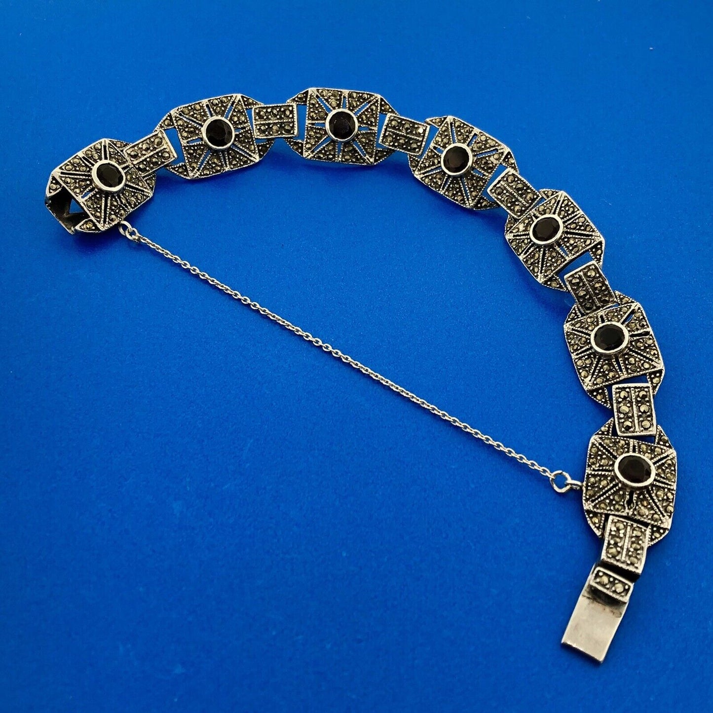 Stunning Sterling Silver 925 Garnet Marcasite Panel Link 6.75" Tennis Bracelet