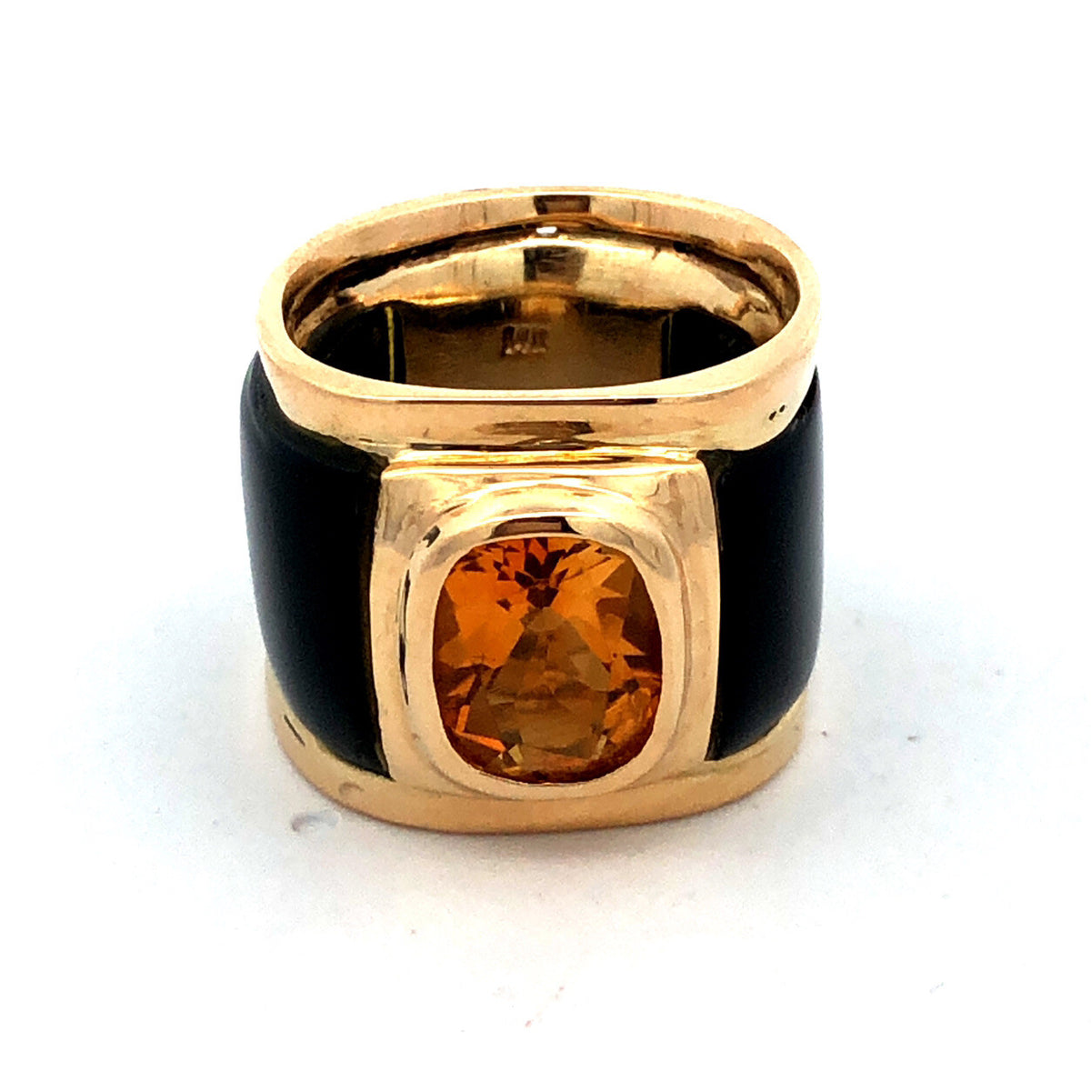 Unusual 14K Yellow Gold Oval Citrine Black Statement Cigar Band Ring