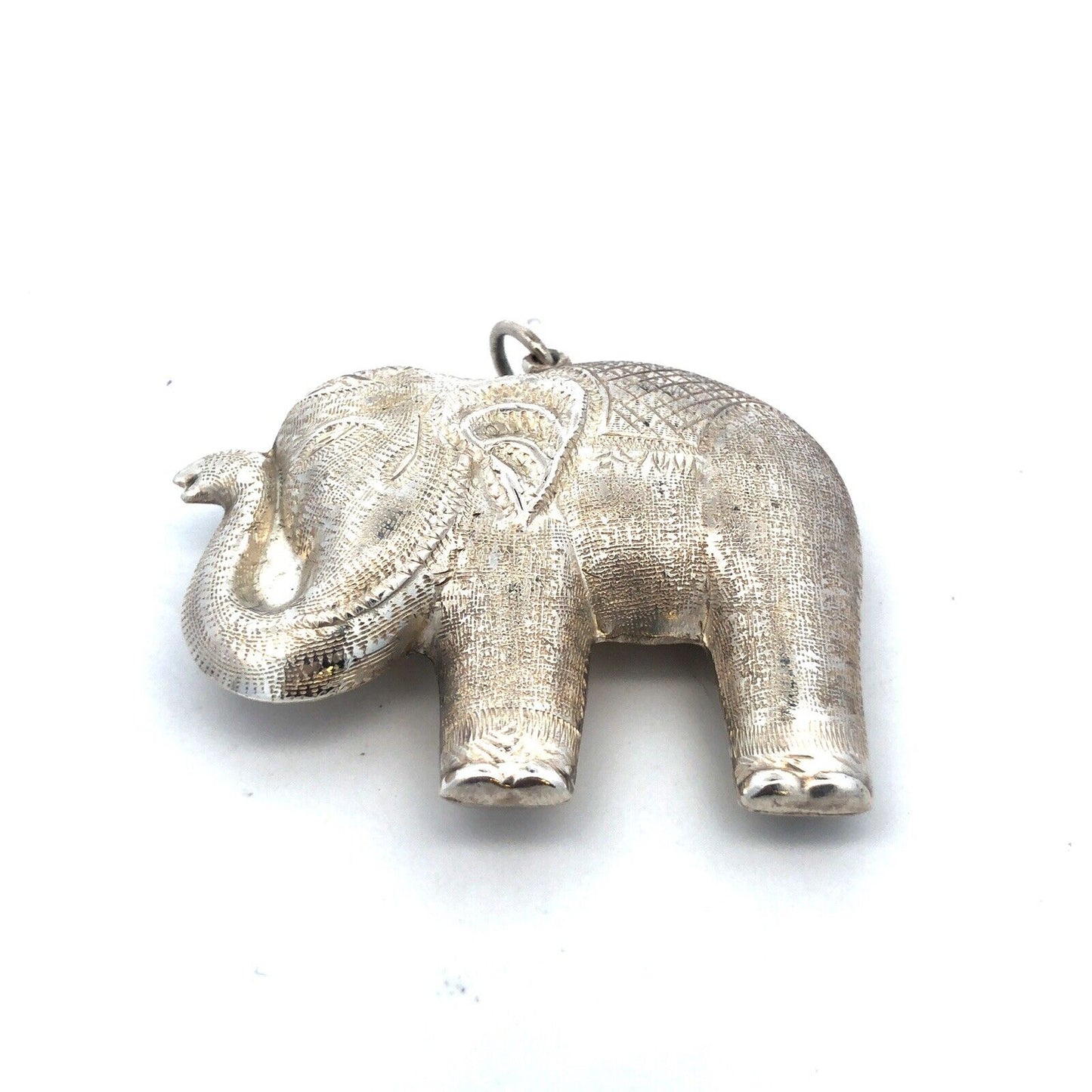 Vintage 925 Sterling Silver Textured Detailed Festival Temple Elephant Pendant