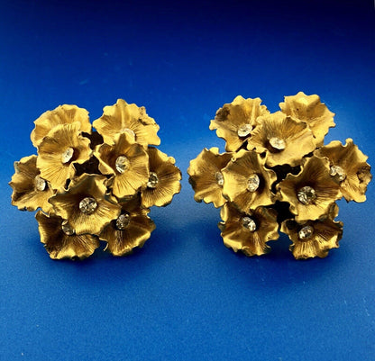 Vintage Gold Tone 3D Rhinestone Floral Cluster Statement Runway Clip Earrings
