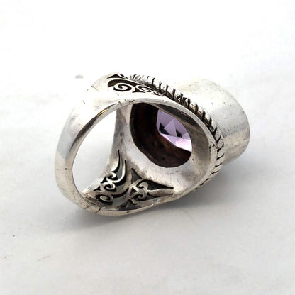 Vintage 925 Sterling Silver Oval Amethyst Floral Scroll Statement Ring