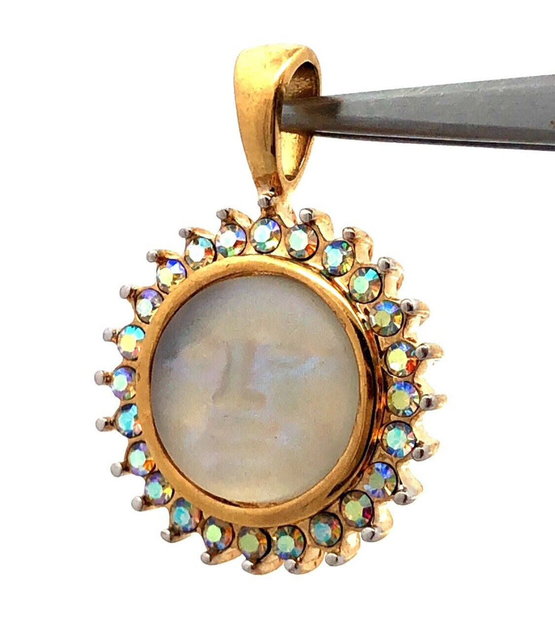 Kirk's Folly Gold Tone Aurora Bourealis Rhinestone Irridescent Man Moon Pendant