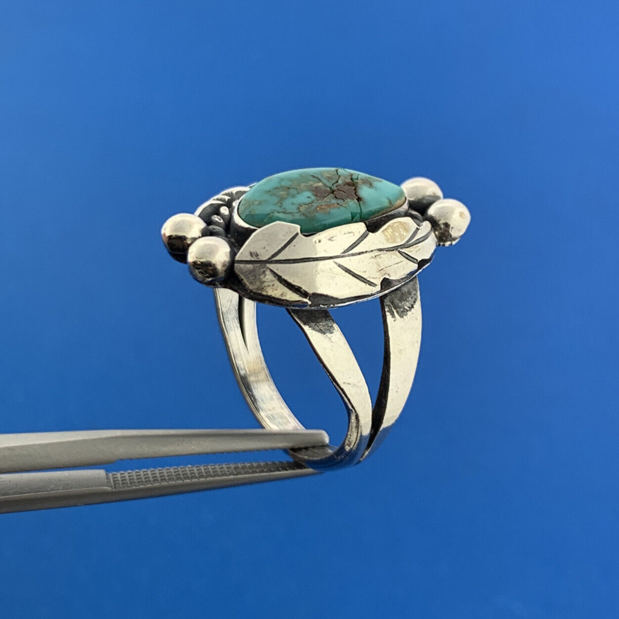 Native American Sterling Silver 925 Cabochon Blue Turquoise Floral Ring Size 7