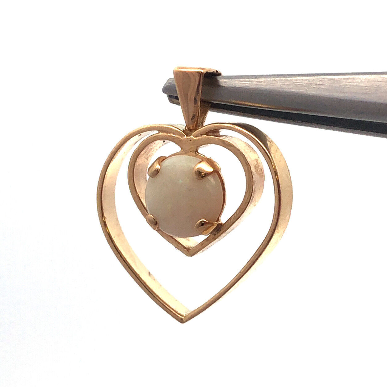 Designer 14K Yellow Gold Round Opal Open Work Double Heart Pendant