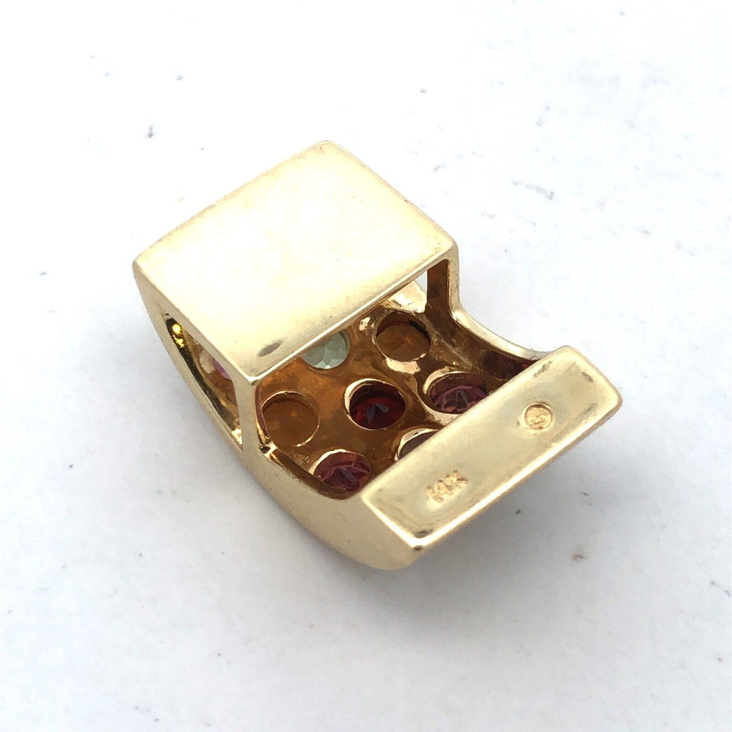 Designer 14K Yellow Gold Round Multi-Gemstone Rectangle Modernist Pendant