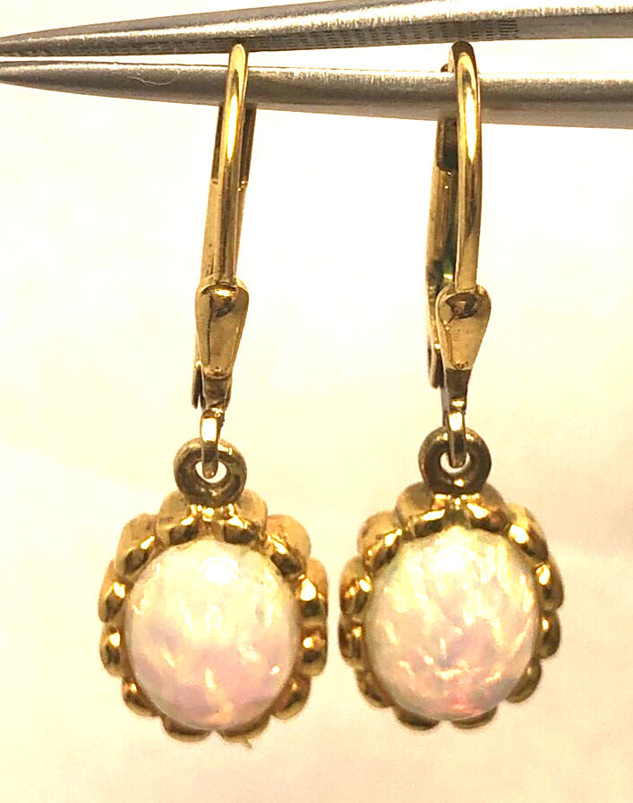 Estate 925 Sterling Silver Vermeil Oval Opal Cabochon Dangle Drop Earrings