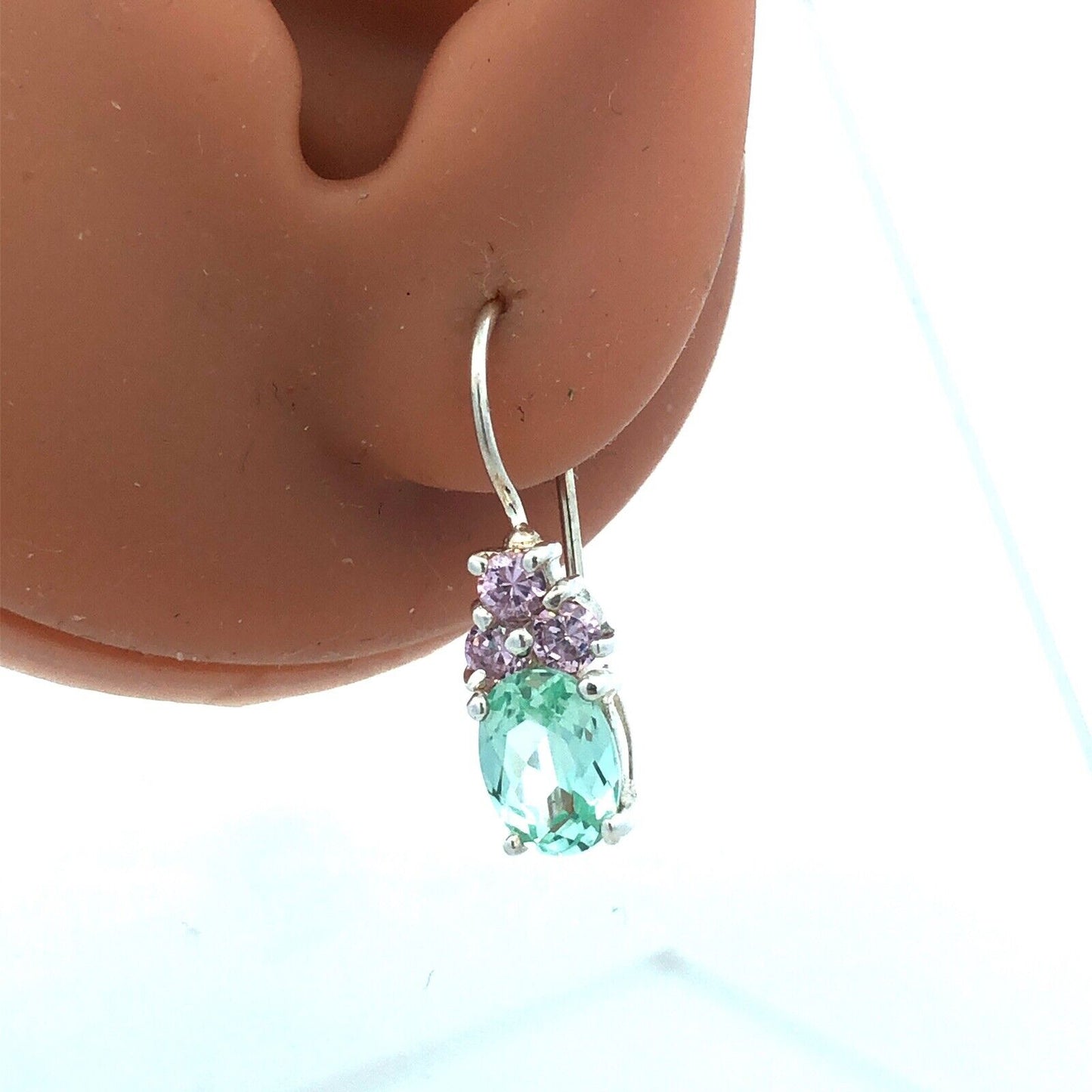 Designer HAN 925 Sterling Silver Oval Aquamarine Pink CZ Dangle Hook Earrings