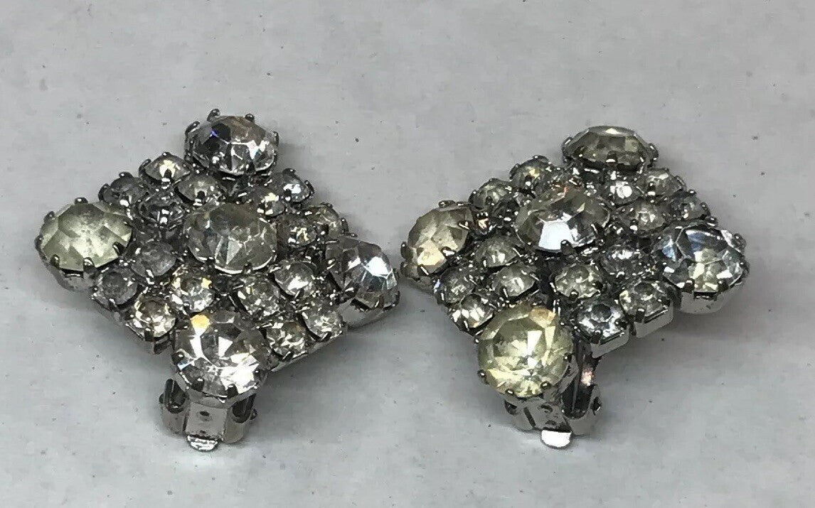 Vintage Signed Weiss Paste Rhinestone Square Shaped Silver Tone Clip Earrings