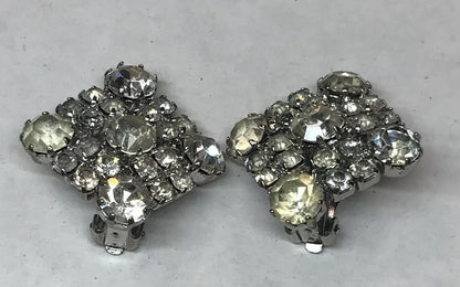 Vintage Signed Weiss Paste Rhinestone Square Shaped Silver Tone Clip Earrings
