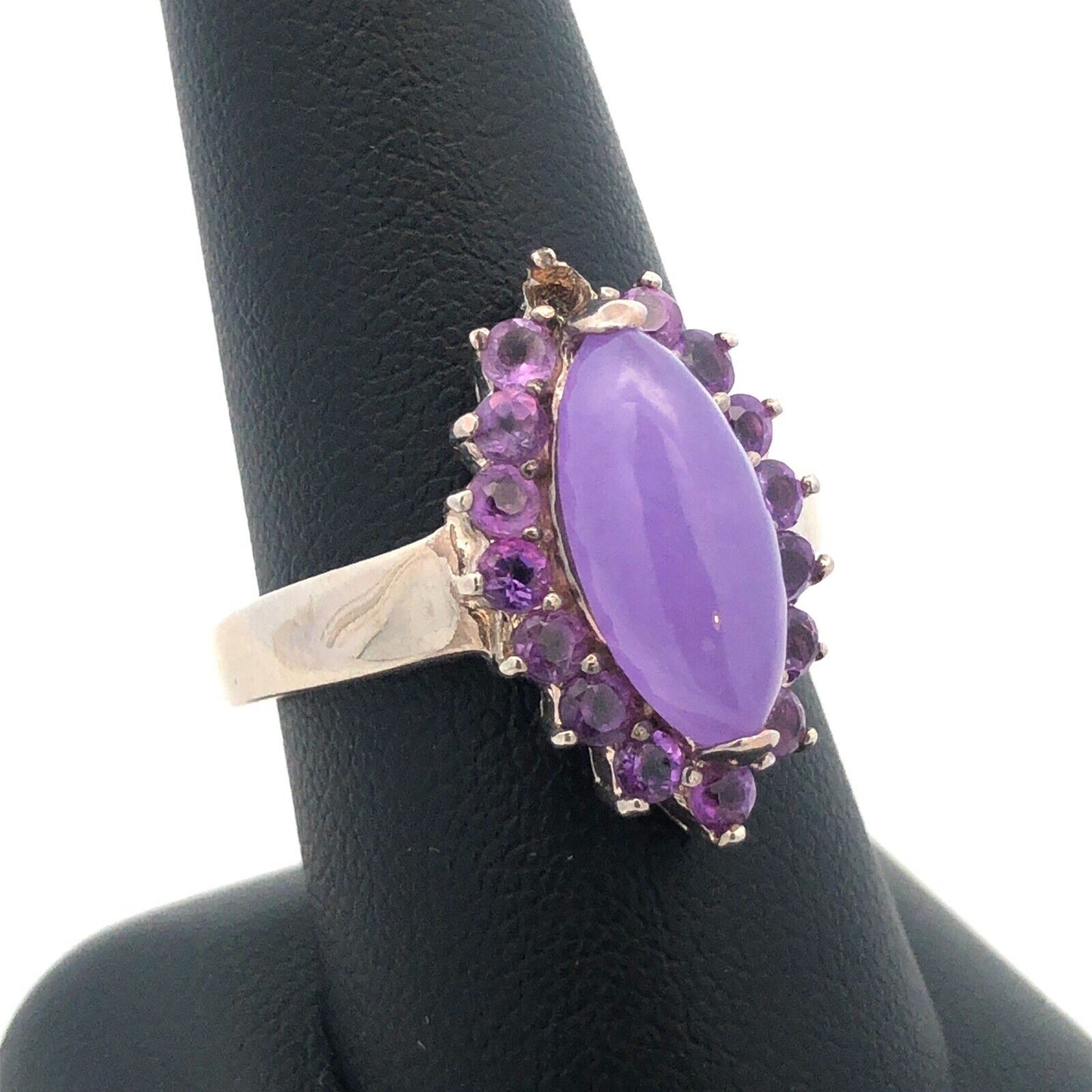 Vintage GSJ 925 Sterling Silver Marquise Purple Jade Amethyst Halo Cocktail Ring