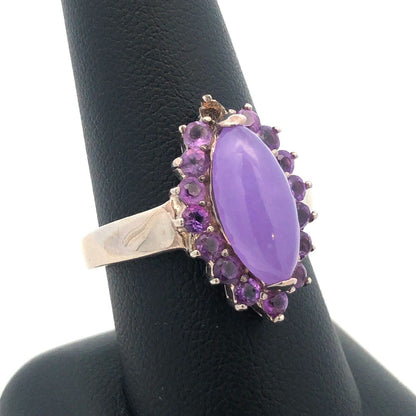 Vintage GSJ 925 Sterling Silver Marquise Purple Jade Amethyst Halo Cocktail Ring