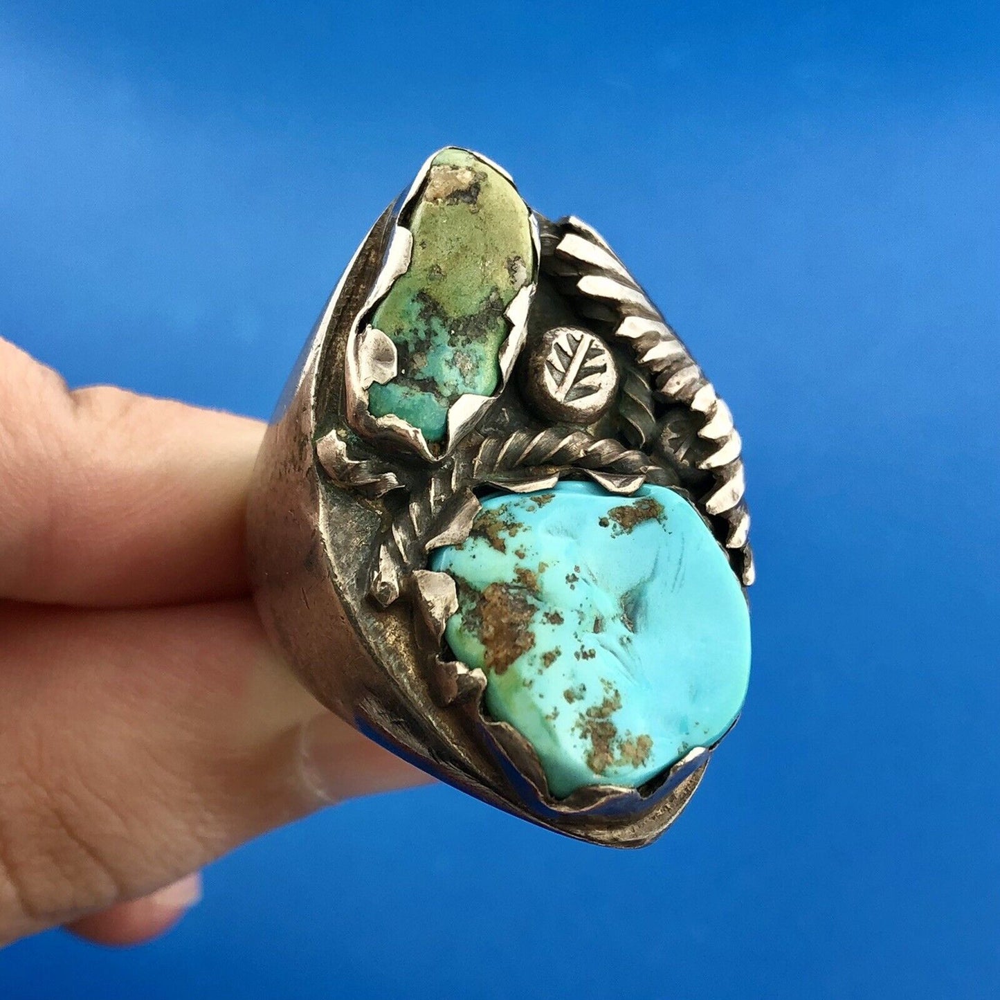 Navajo P Padilla Signed 925 Sterling Silver Chunky Green Blue Turquoise Ring