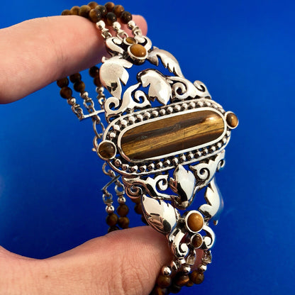 Retro 925 Sterling Silver Tiger Eye Beaded Open Scroll Work Statement Bracelet