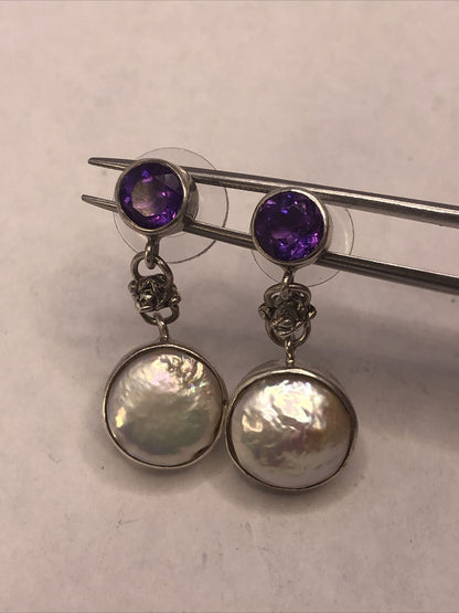 925 Sterling Silver Amethyst Mother of Pearl Round Drop Dangle Earrings