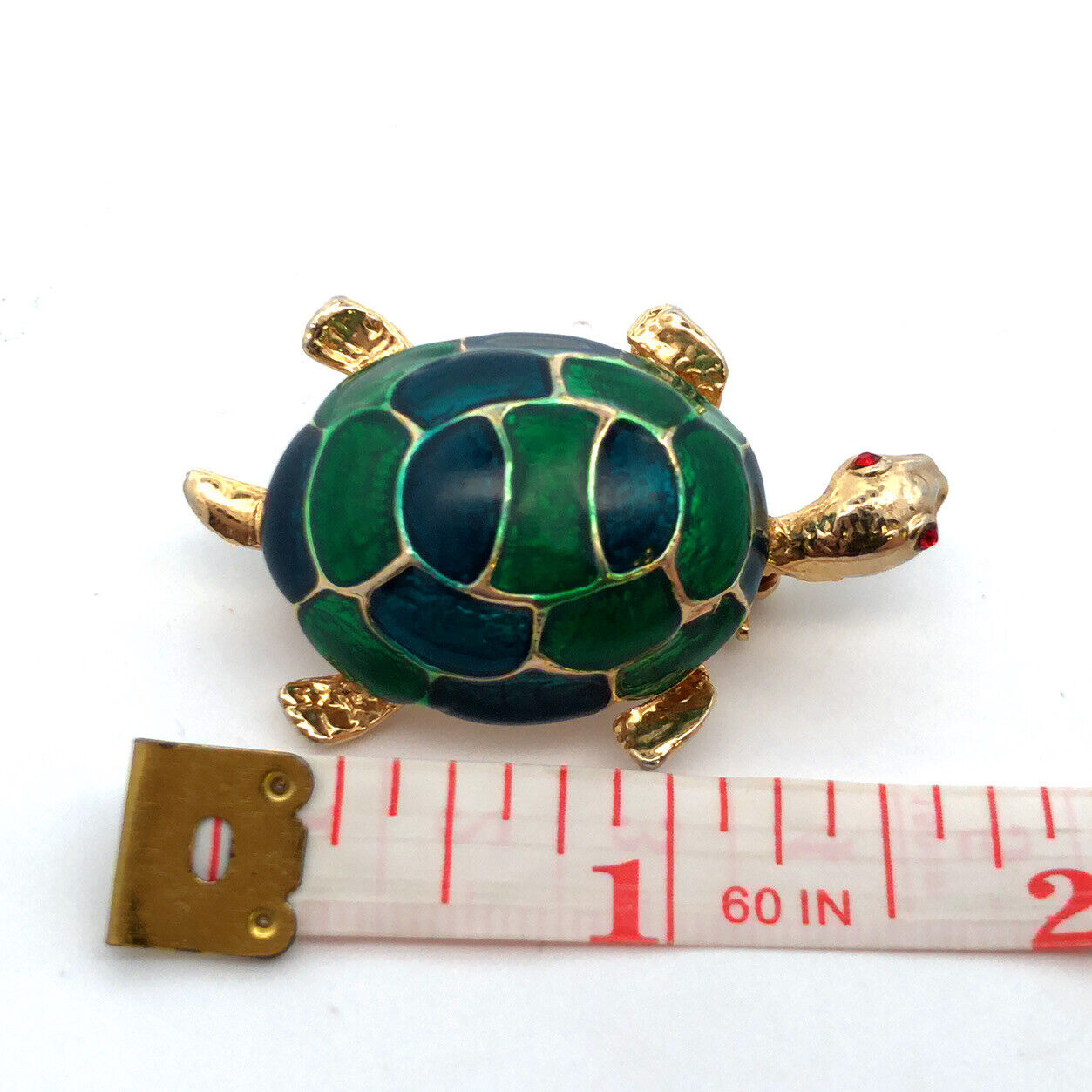 Vibrant Gold Tone Blue Green Enamel Red Rhinestone Turtle Scarf Lapel Pin Brooch