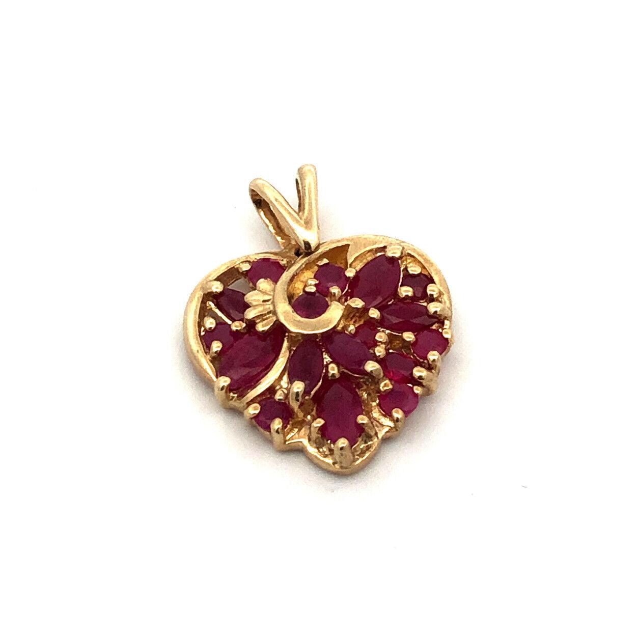 Vintage 10K Yellow Gold Marquise Round Ruby Cluster Heart Pendant