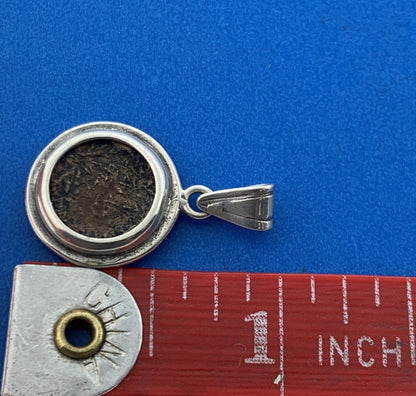 Estate Sterling Silver 925 Unknown Ancient Bronze Coin Dangle Pendant