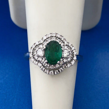 Stunning 18K White Gold Emerald Diamond Triple Halo May Anniversary Ring Size 6