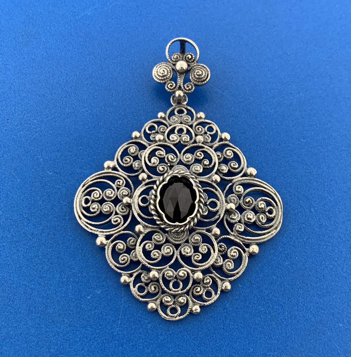 Designer Austria Sterling Silver Garnet Filigree Beaded Scroll Statement Pendant