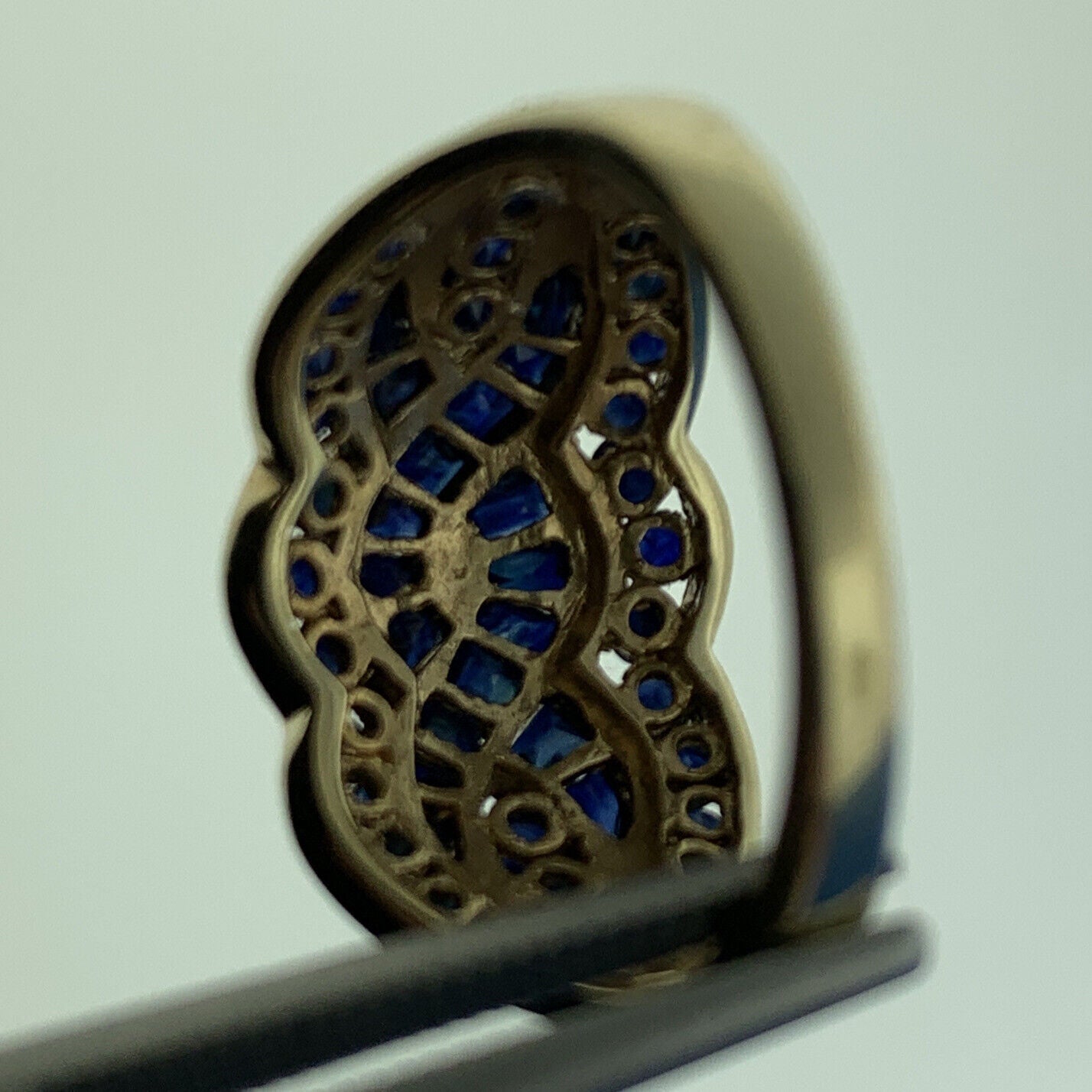 Retro Designer 10K Yellow Gold Sapphire Wave Channel Tapered Dome Cocktail Ring