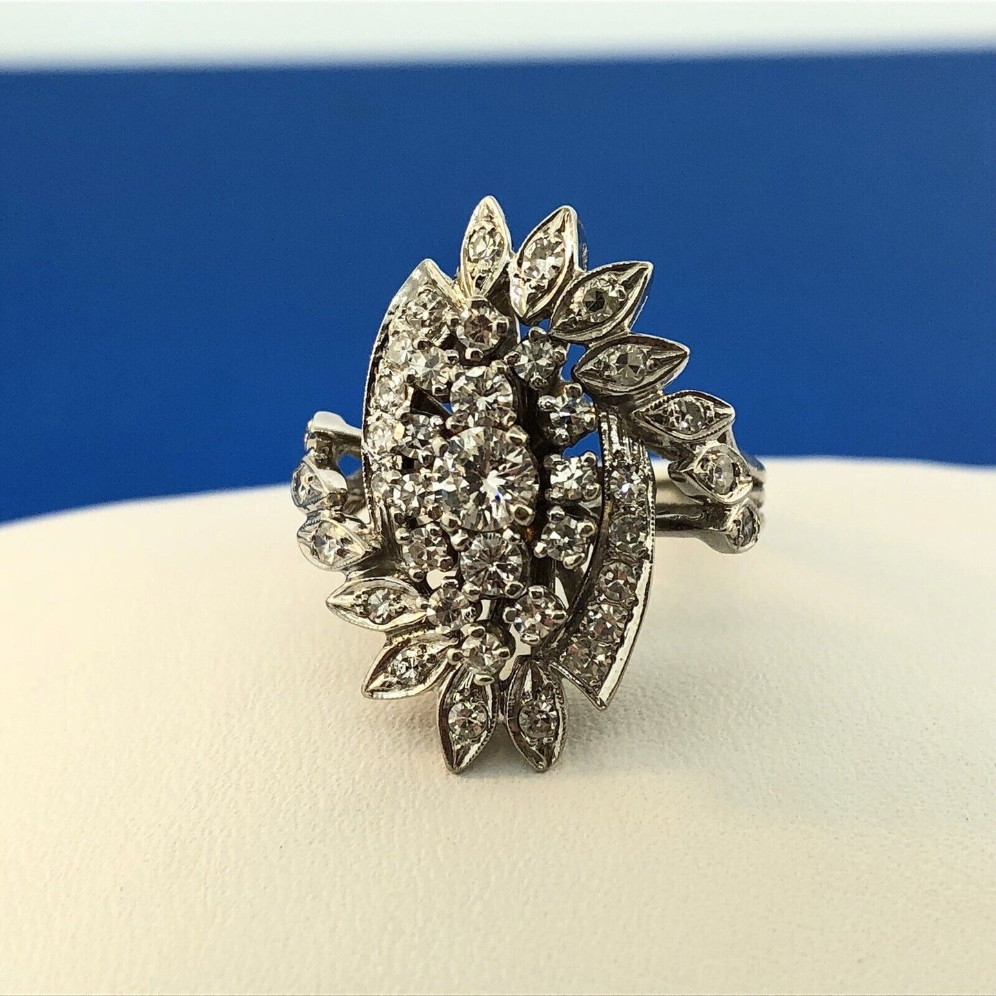 Estate 14K White Gold Diamond Feather Flower Cluster Statement Anniversary Ring