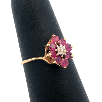 Designer 10K Yellow Gold Round Ruby Diamond Oval Cocktail Ring