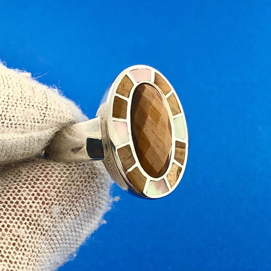 Whitney Kelly WK 925 Sterling Silver Faceted Tiger's Eye Mosaic Inlay Halo Ring