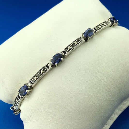 Vintage 925 Sterling Silver Blue Cubic Zirconia Marcasite Tennis Bracelet
