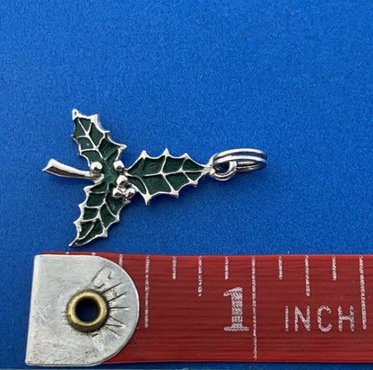 Vintage 925 Sterling Silver Green Enamel Holly Leaf Christmas Pendant Charm