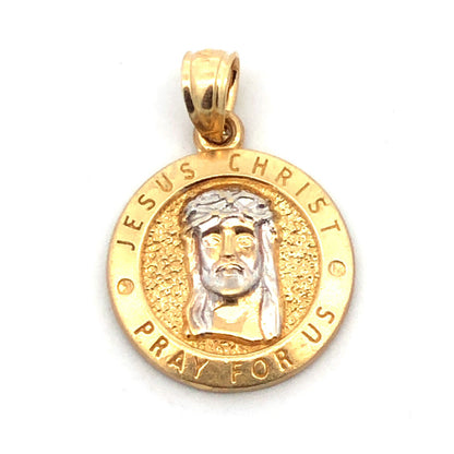 10K Yellow White Gold Designer NG Jesus Christ Pray For Us Round Pendant