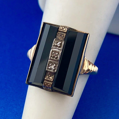 Art Nouveau Art Deco 10K Yellow Gold Diamond Black Onyx Statement Cocktail Ring