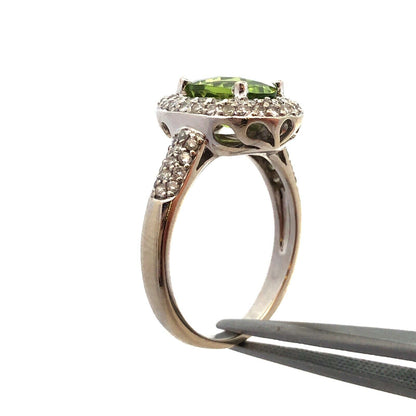 Designer EMA 14K White Gold Oval Cushion Cut Peridot Diamond Halo Cocktail Ring