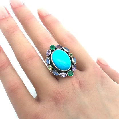 Designer NB India 925 Sterling Silver Oval Turquoise Multi-stone Statement Ring