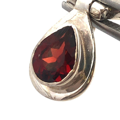 Vintage 925 Sterling Silver Round Bezel Pear Garnet Dangle Drop Stud Earrings
