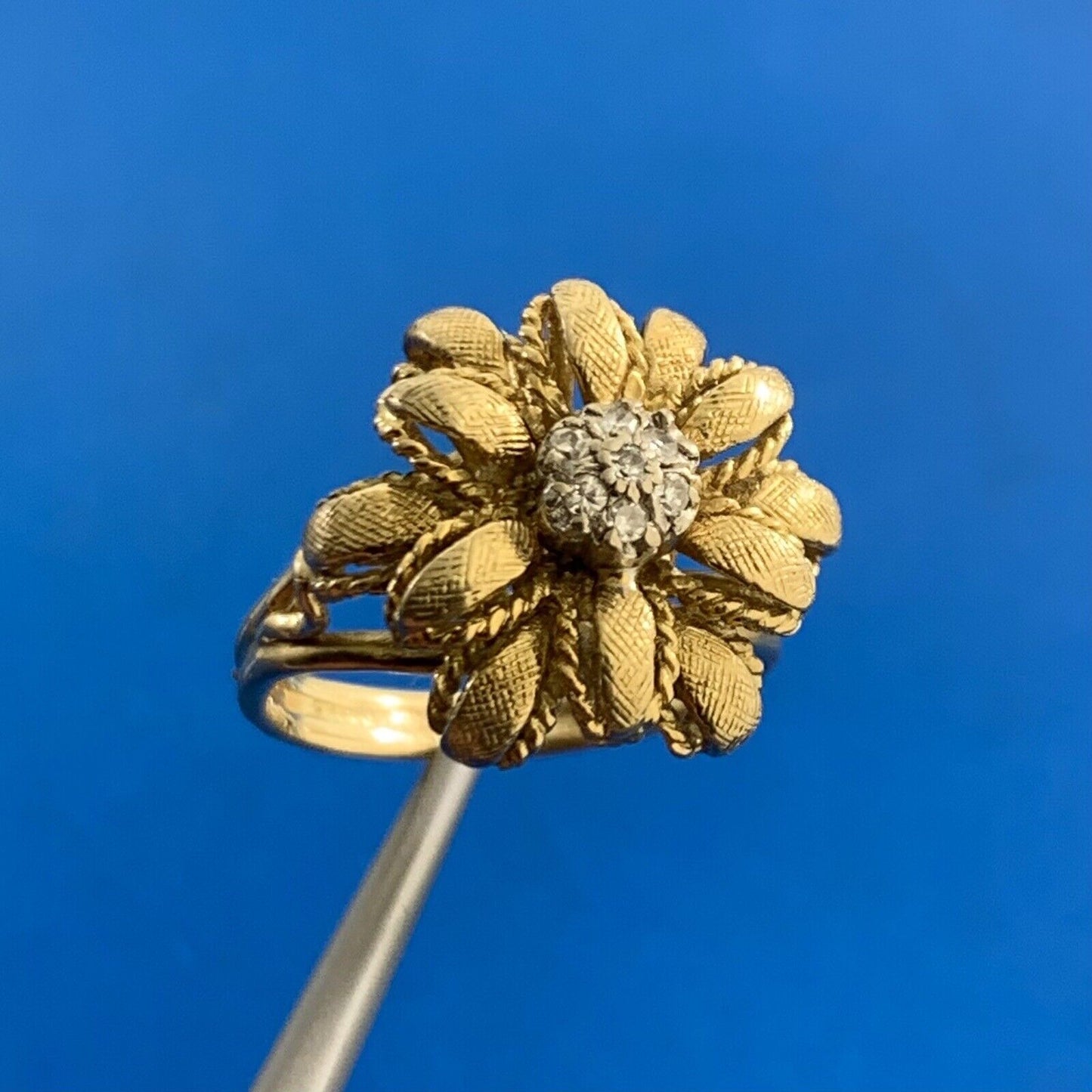 Vintage Designer 18K Yellow Gold Diamond Three Dimensional Flower Cocktail Ring