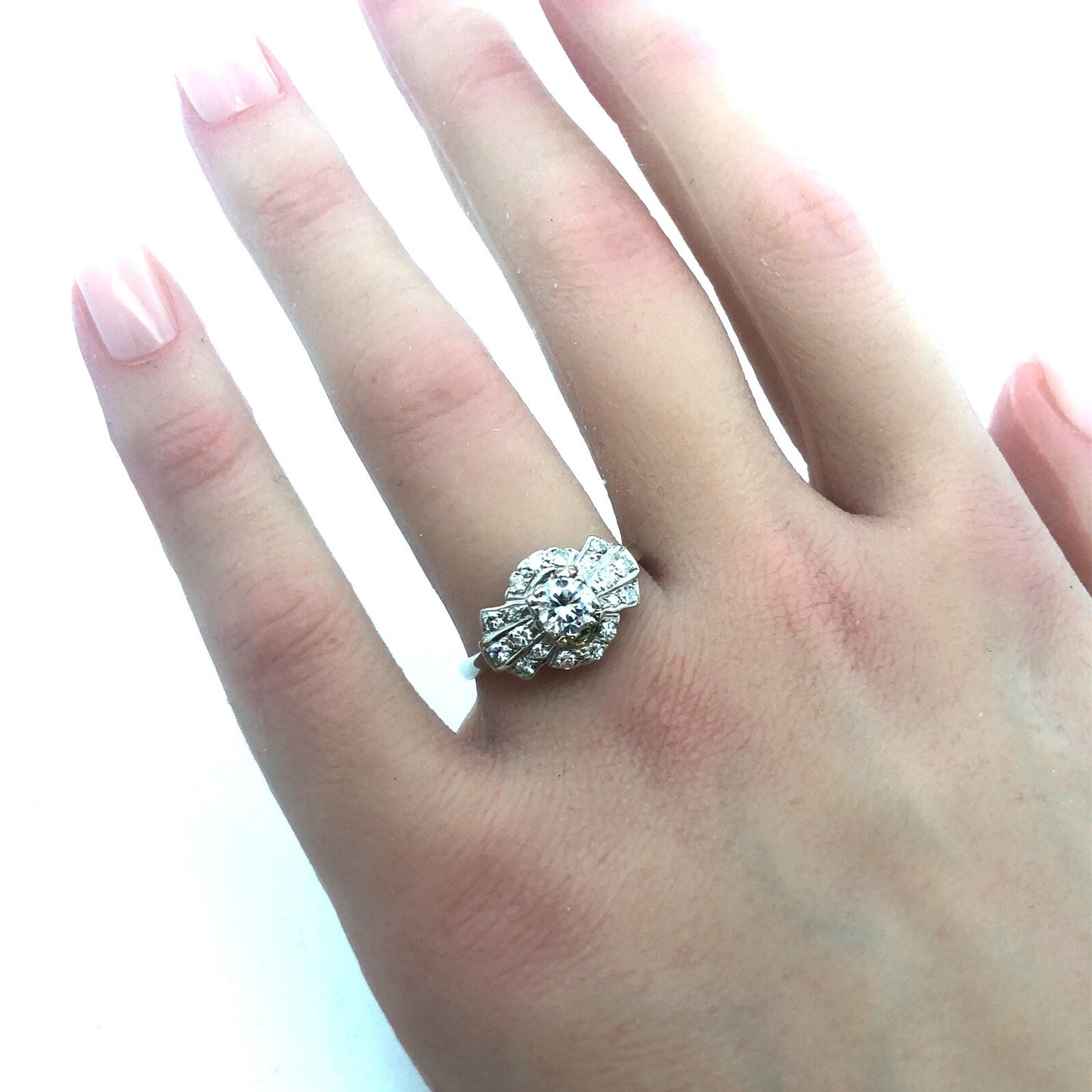 Art Deco 14K White Gold Diamond Solitaire with Accents Wedding Engagement Ring