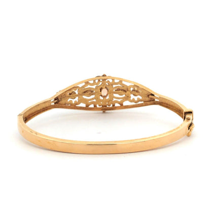 Art Deco 14K Yellow Gold Ornate Opal Scroll Decorative Scroll Bangle Bracelet