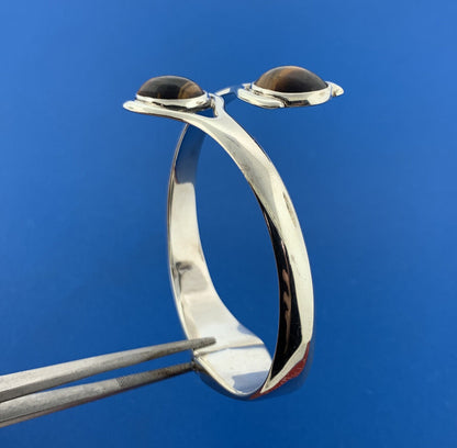Mexican Sterling Silver 925 Tiger Eye's Quartz Bypass 6" Hinged Cuff Bracelet