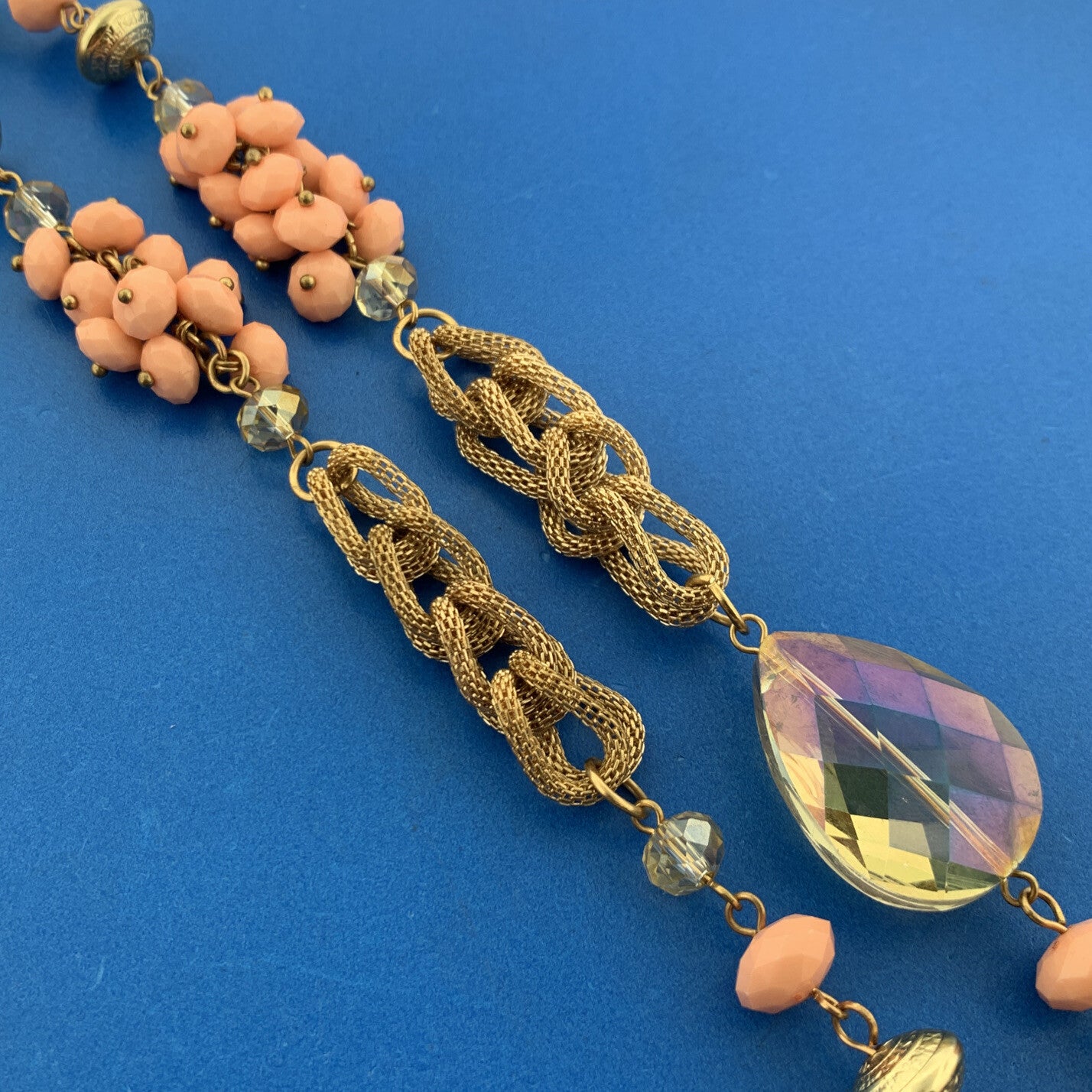 Vintage Gold Tone Faceted Bead Crystal Mesh Rope Statement Necklace