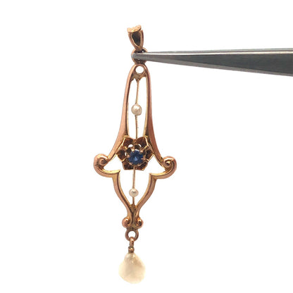 Art Nouveau 10K Yellow Gold Blue Glass Seed Pearl Drop Dangle Pendant
