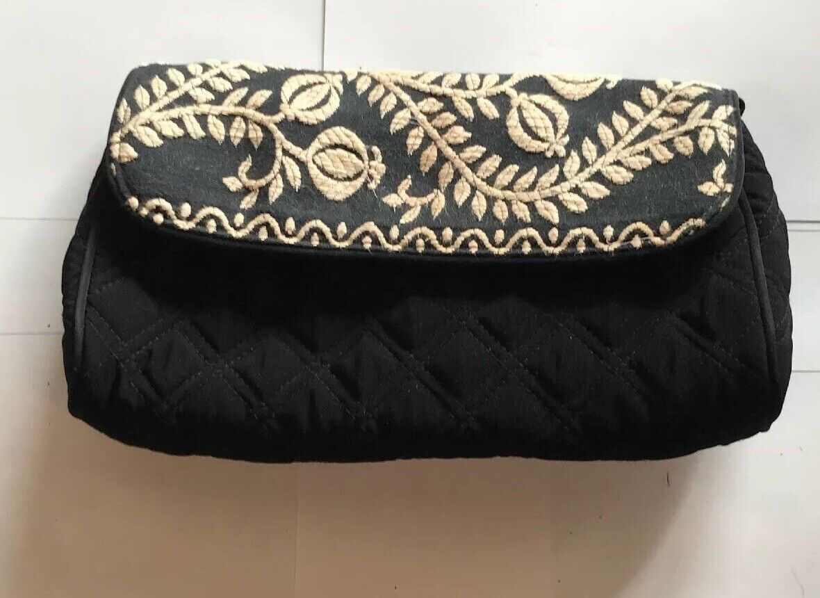 Vera Bradley Black Quilted Microfiber White Embroidered Clutch With Straps