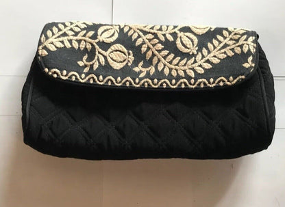 Vera Bradley Black Quilted Microfiber White Embroidered Clutch With Straps